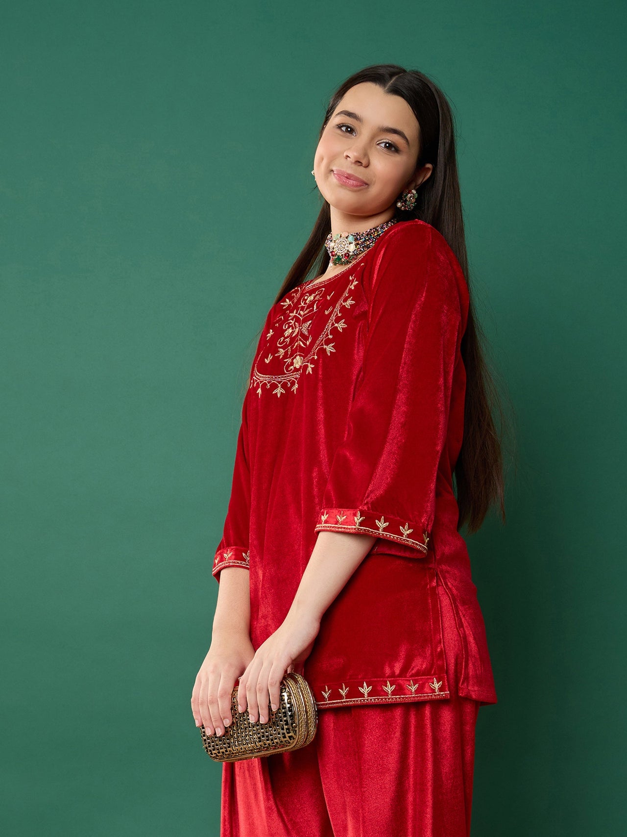 Lyush Girl Red Velvet Embroidered Short Kurta