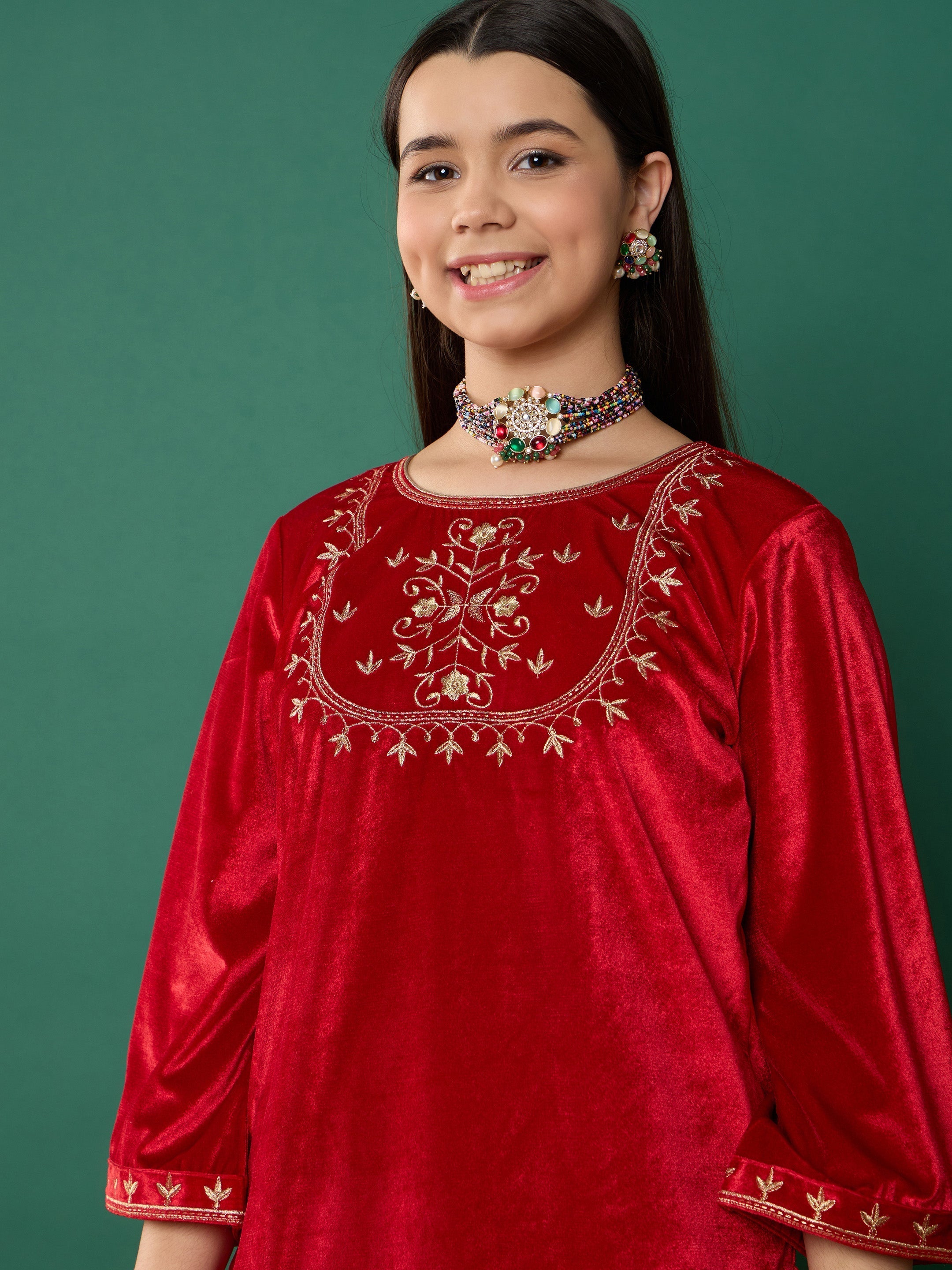 Lyush Girl Red Velvet Embroidered Short Kurta - Distacart