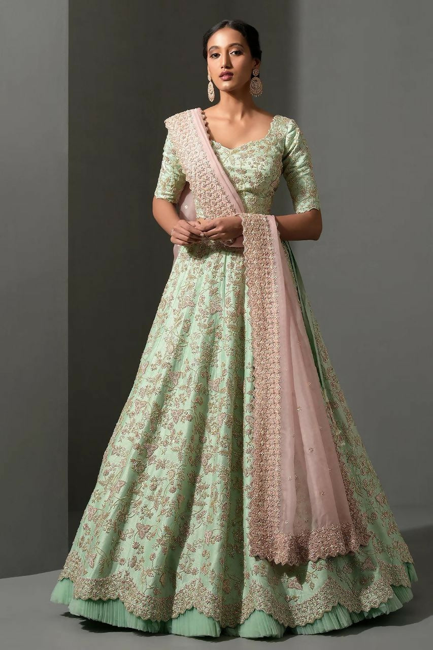 Jyoti Fashion Women's Sea Green Mulberry Silk Sequins, Dori & Thread Embroidered with Net Ruffle Work Designer Lehenga Choli Set - Distacart