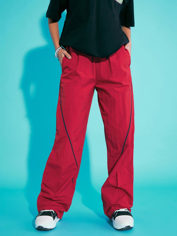 Lyush Girls Red Contrast Piping Cargo Parachute Pants - Distacart