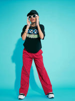 Thumbnail for Lyush Girls Red Contrast Piping Cargo Parachute Pants - Distacart