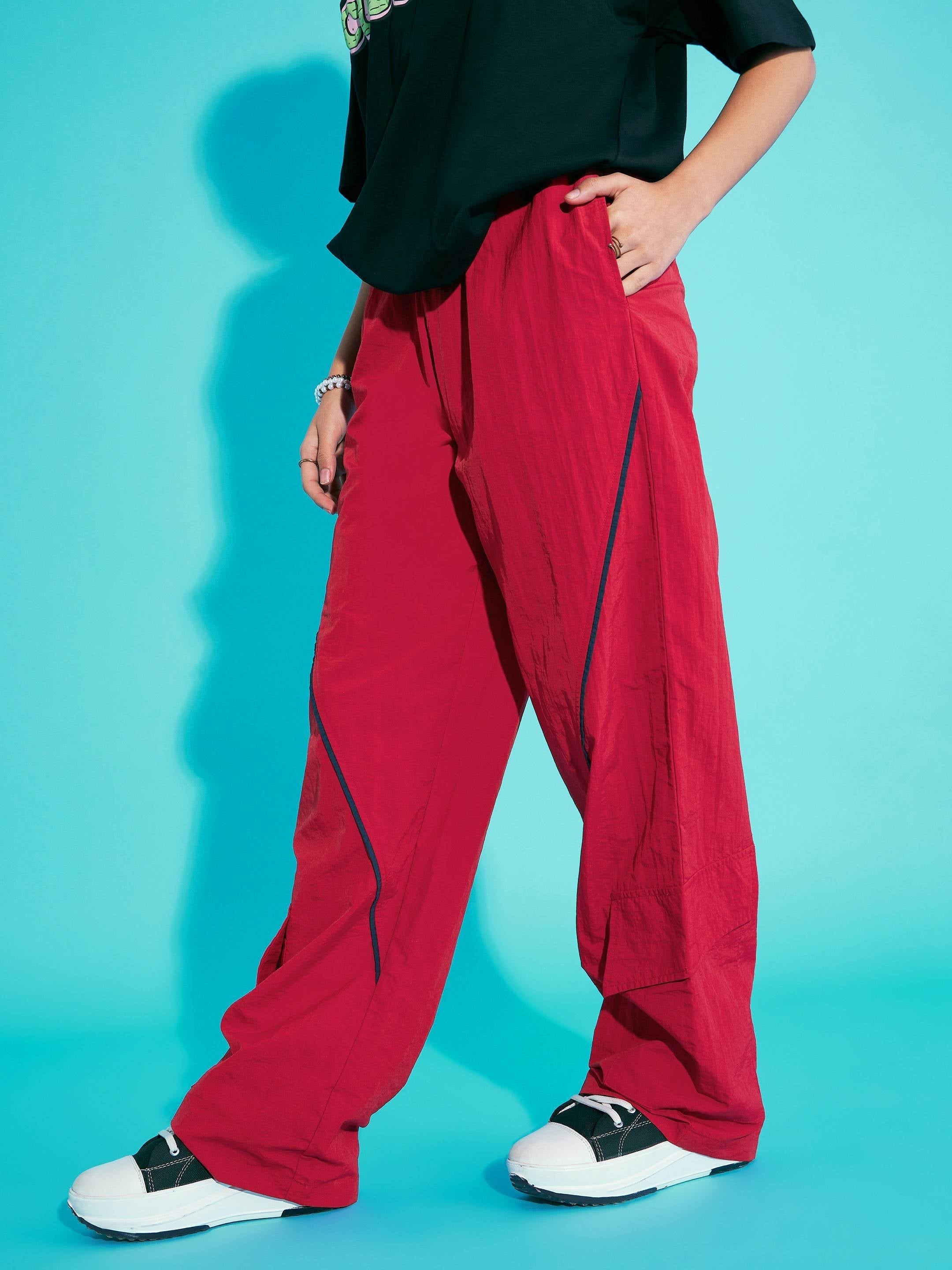 Lyush Girls Red Contrast Piping Cargo Parachute Pants - Distacart