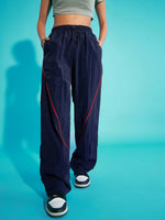 Thumbnail for Lyush Girls Navy Blue Contrast Piping Cargo Parachute Pants - Distacart