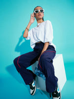 Thumbnail for Lyush Girls Navy Blue Contrast Piping Cargo Parachute Pants - Distacart