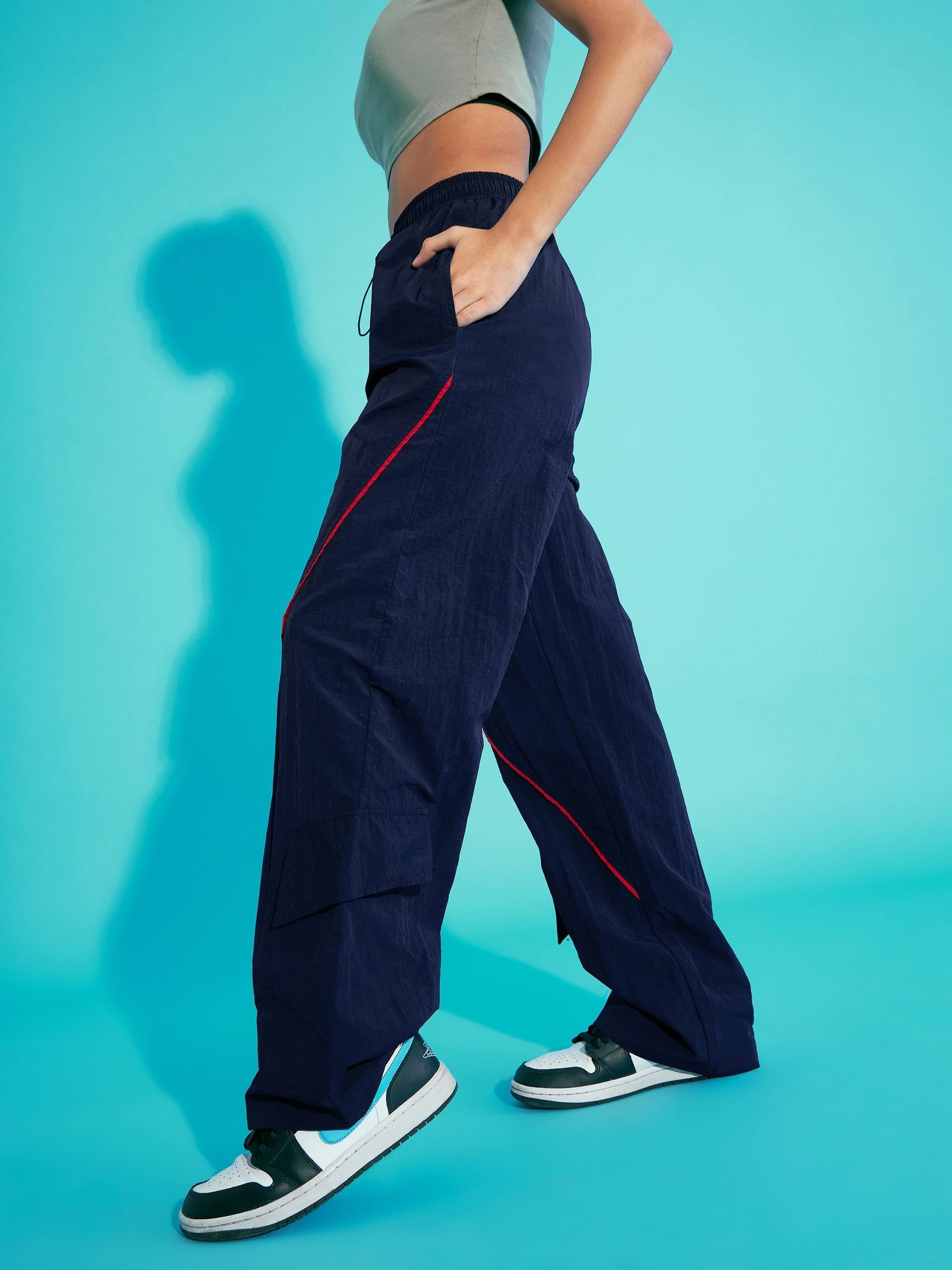 Lyush Girls Navy Blue Contrast Piping Cargo Parachute Pants - Distacart