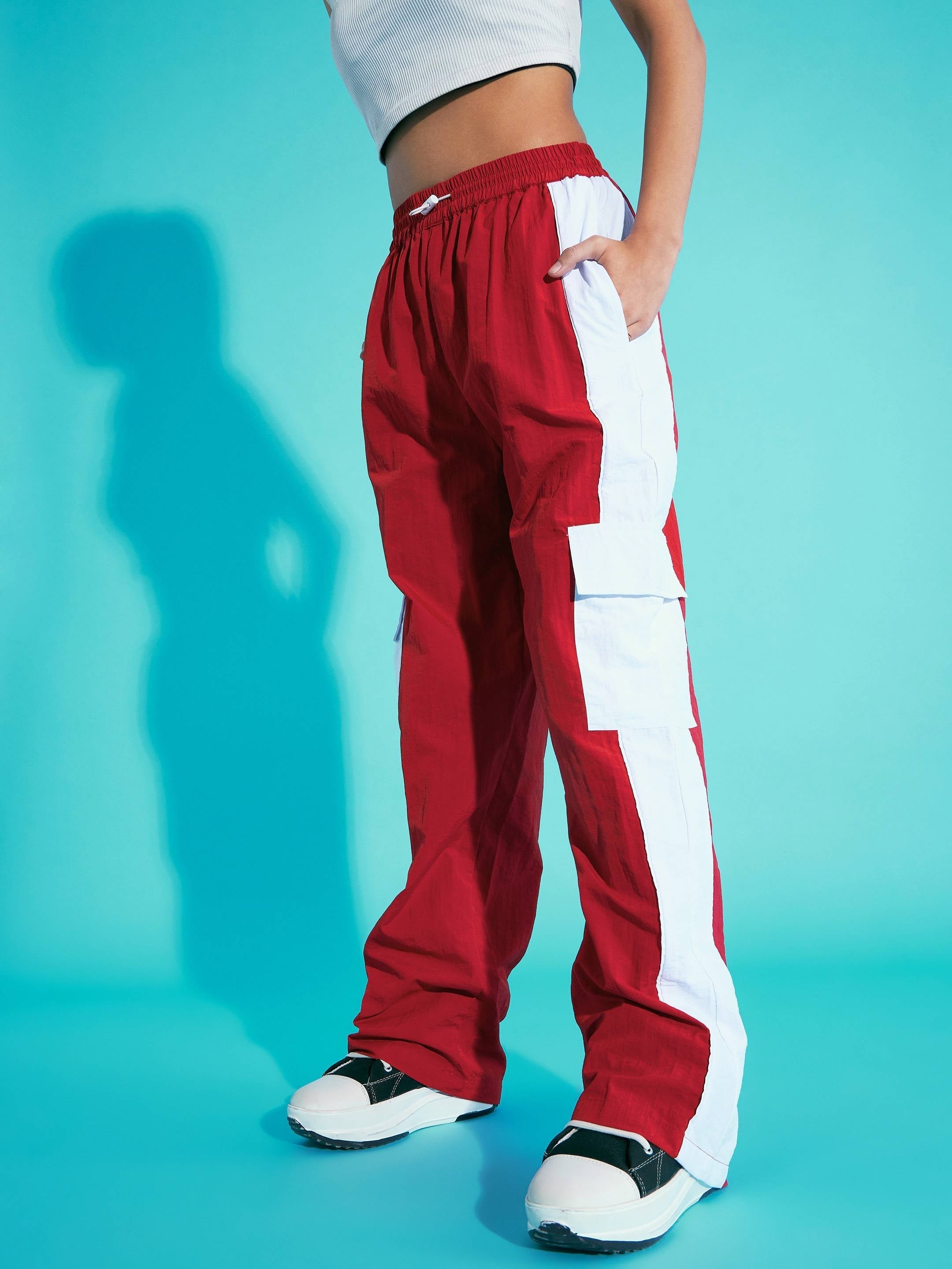 Lyush Girls Red Contrast Pocket Cargo Parachute Pants - Distacart