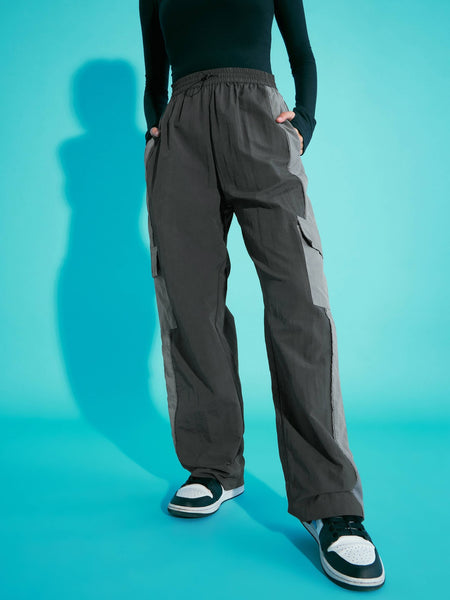 Lyush Girls Dark Grey Contrast Pocket Cargo Parachute Pants - Distacart
