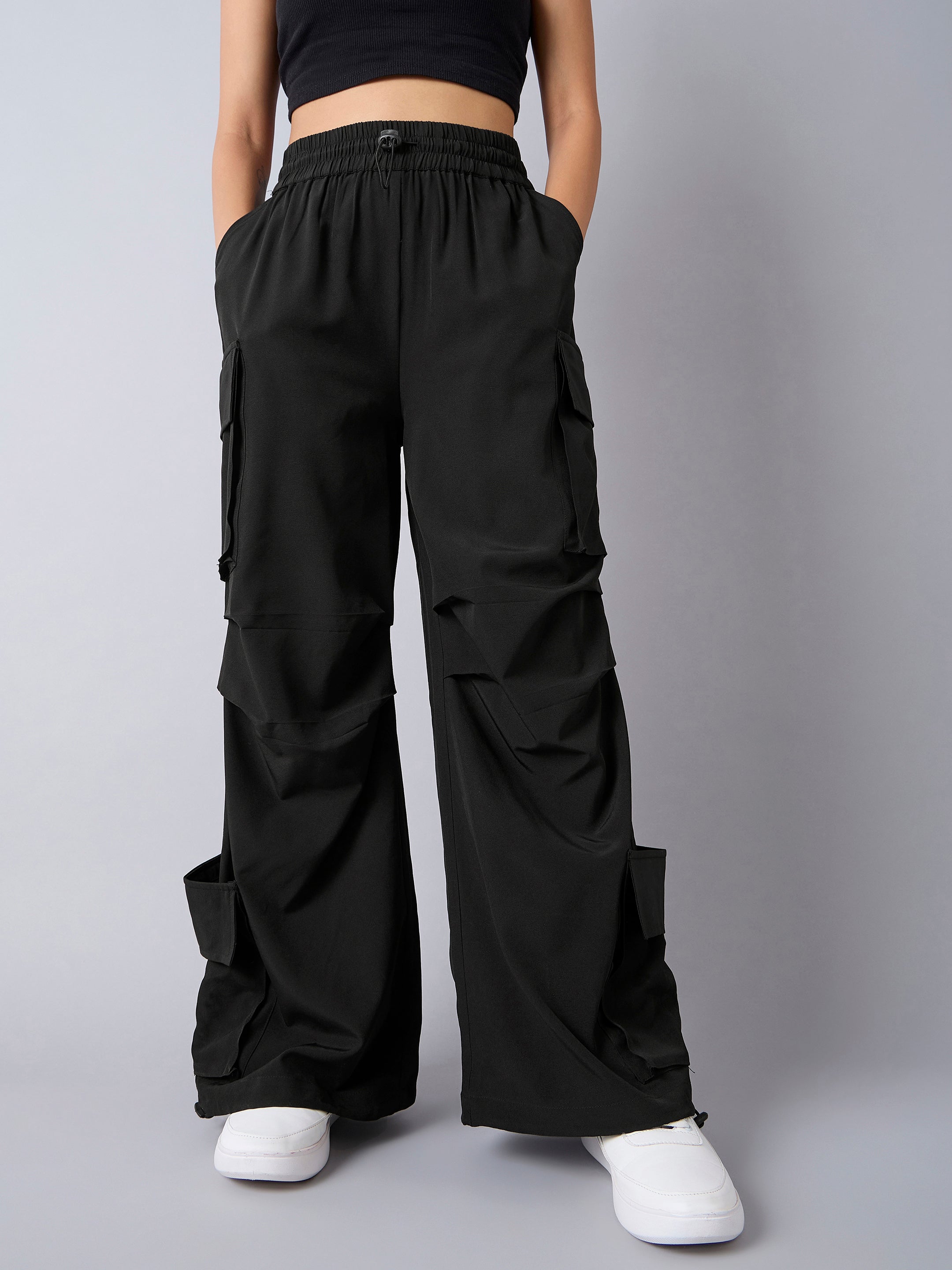 Lyush Girls Black Multi Pockets Parachute Cargos - Distacart