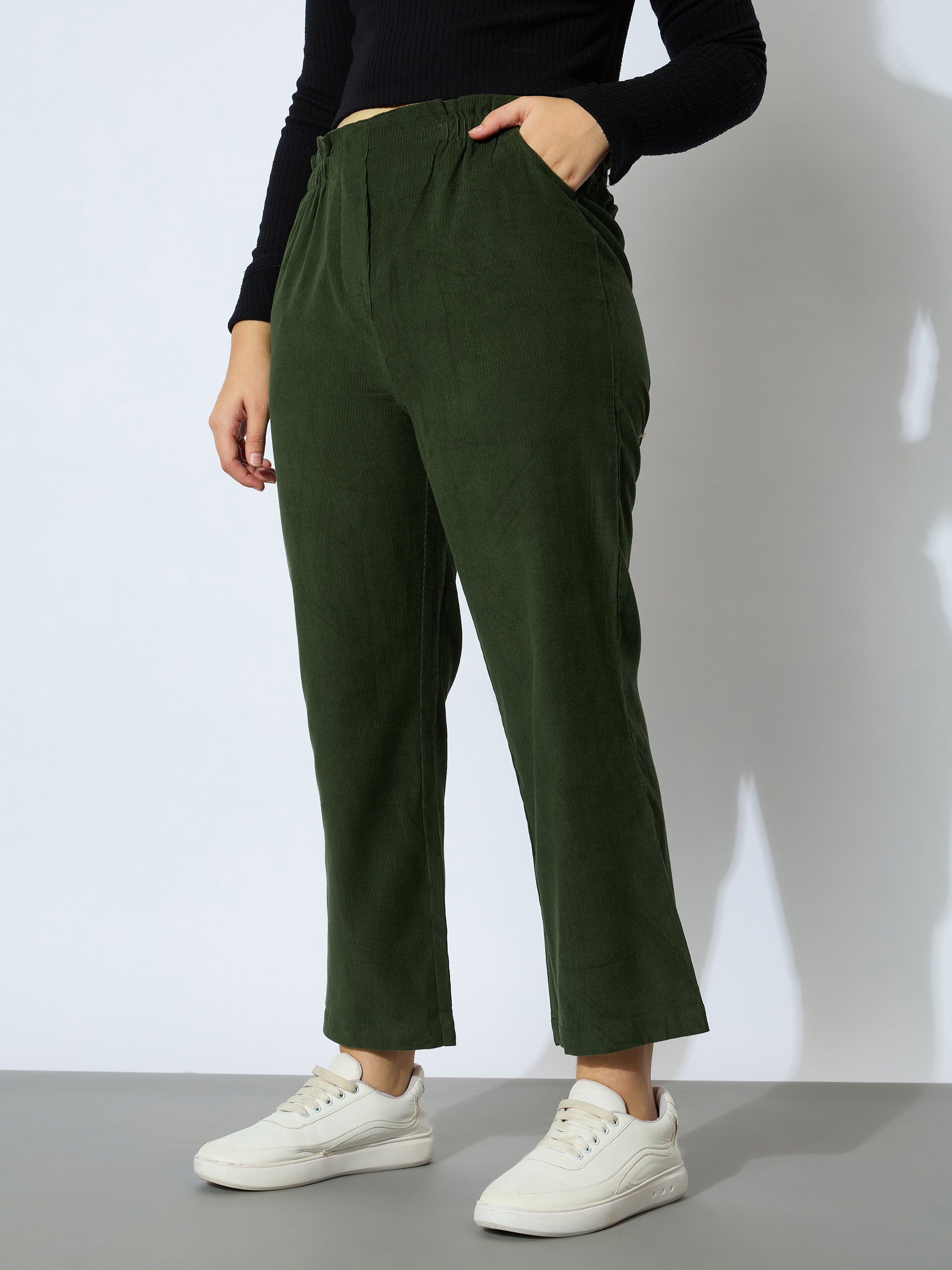 Lyush Girl Olive Corduroy Paper Bag Waist Pants - Distacart