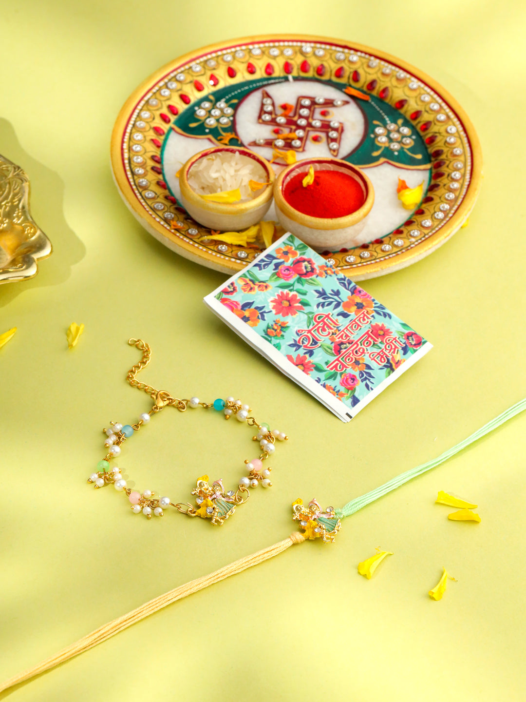 NVR Set of 2 Multicolor Gold Toned Radha Krishna Beaded Bhaiya Bhabhi Rakhi with Roli Chawal Chandan & Mishri - Distacart