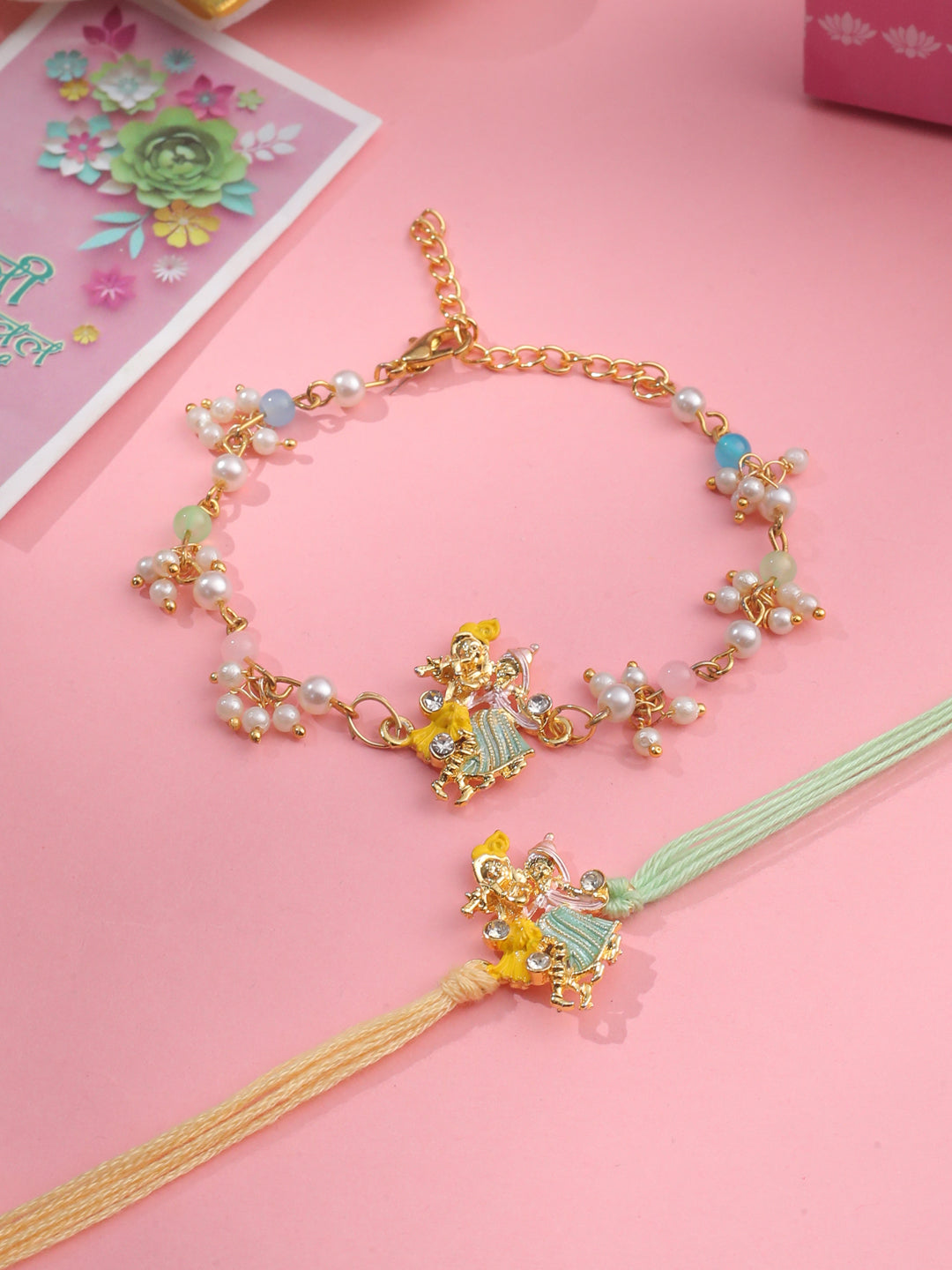 NVR Set of 2 Multicolor Gold Toned Radha Krishna Beaded Bhaiya Bhabhi Rakhi with Roli Chawal Chandan & Mishri - Distacart