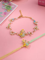 Thumbnail for NVR Set of 2 Multicolor Gold Toned Radha Krishna Beaded Bhaiya Bhabhi Rakhi with Roli Chawal Chandan & Mishri