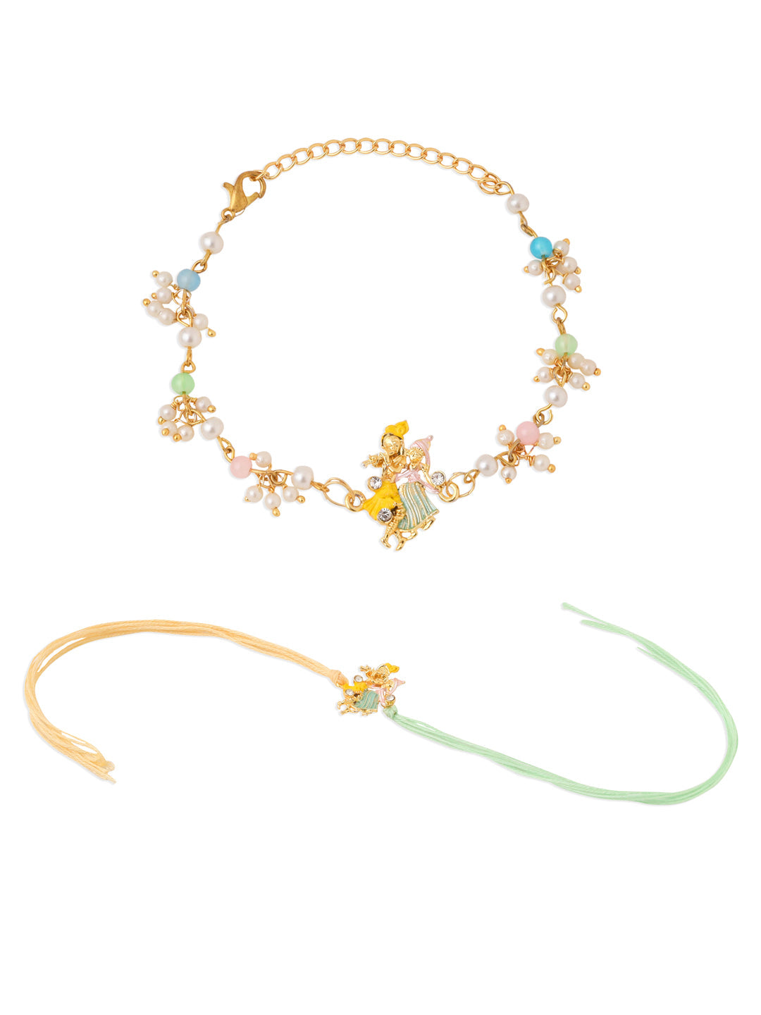 NVR Set of 2 Multicolor Gold Toned Radha Krishna Beaded Bhaiya Bhabhi Rakhi with Roli Chawal Chandan & Mishri