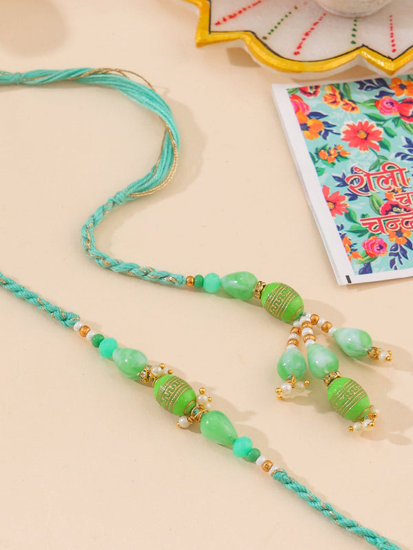 NVR Set of 2 Green Artificial Beads Bhaiya Bhabhi Rakhi with Roli Chawal Chandan & Mishri