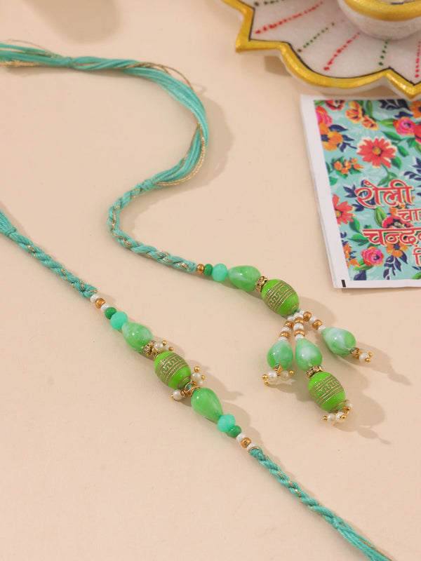 NVR Set of 2 Green Artificial Beads Bhaiya Bhabhi Rakhi with Roli Chawal Chandan & Mishri