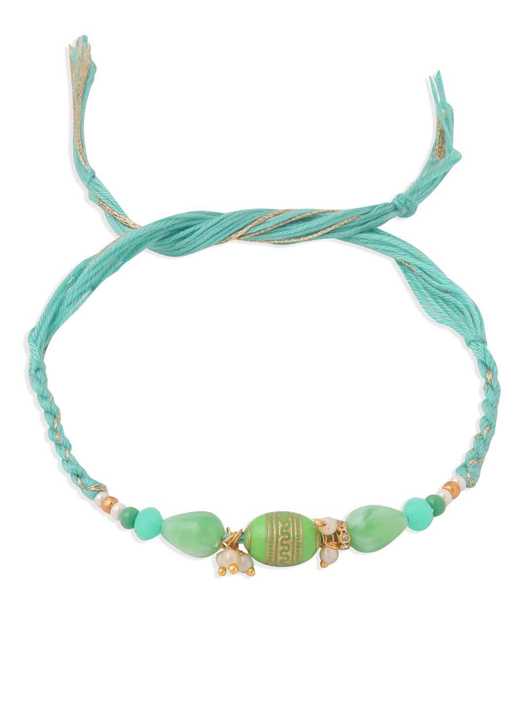 NVR Set of 2 Green Artificial Beads Bhaiya Bhabhi Rakhi with Roli Chawal Chandan & Mishri