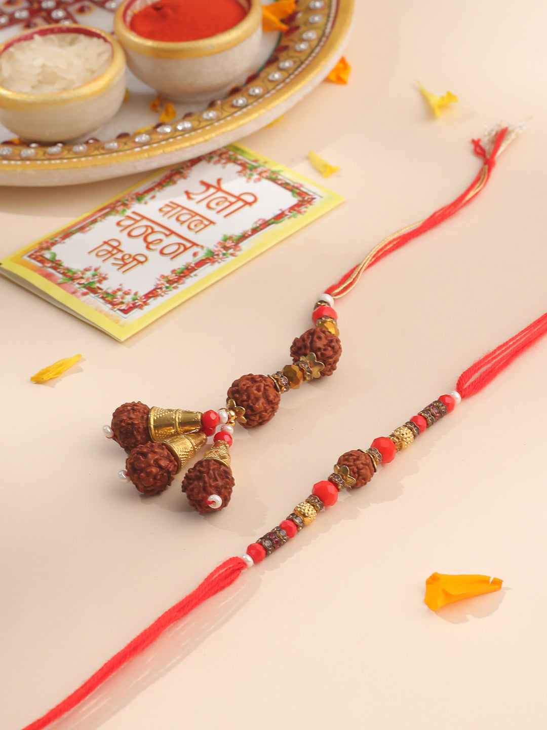 NVR Set of 2 Multicolor Rudraksh & Beads Bhaiya Bhabhi Rakhi with Roli Chawal Chandan & Mishri - Distacart