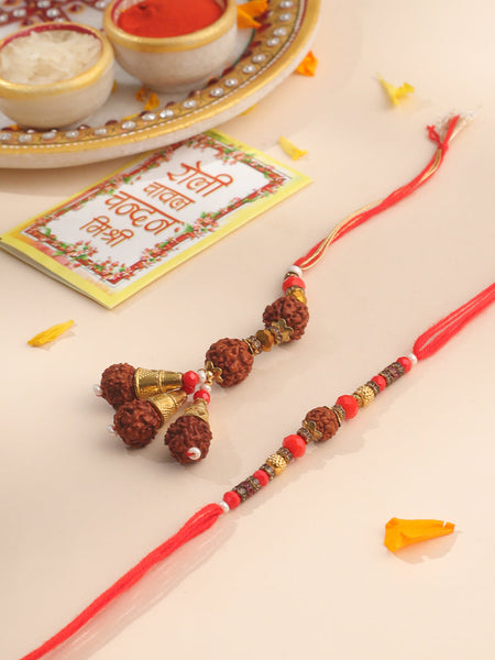 NVR Set of 2 Multicolor Rudraksh & Beads Bhaiya Bhabhi Rakhi with Roli Chawal Chandan & Mishri