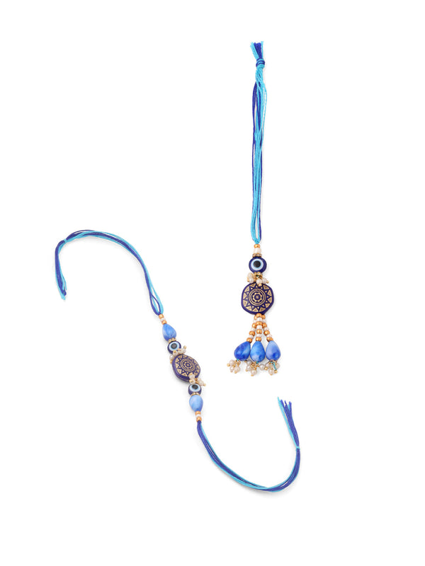 NVR Evil Eye Set of 2 Blue Artificial Beads Bhaiya Bhabhi Rakhi with Roli Chawal Chandan & Mishri