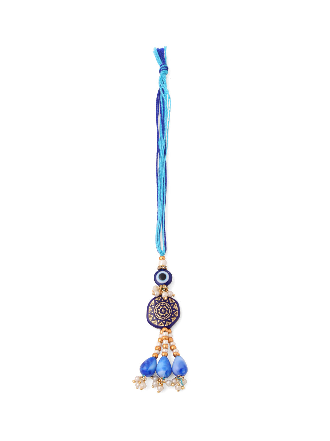 NVR Evil Eye Set of 2 Blue Artificial Beads Bhaiya Bhabhi Rakhi with Roli Chawal Chandan & Mishri
