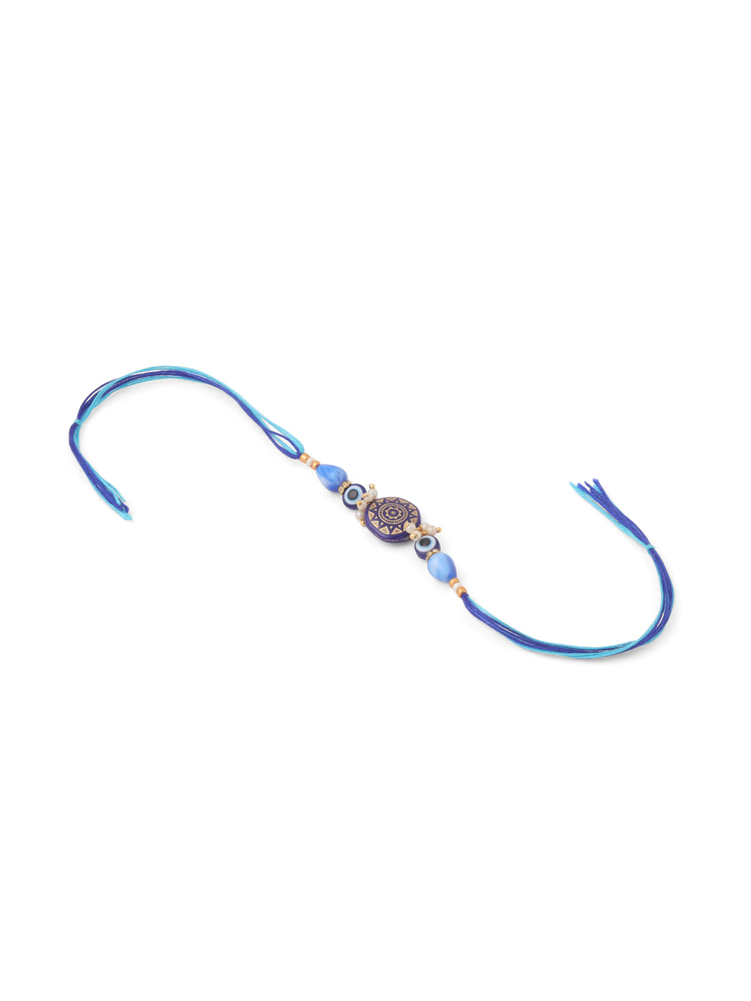 NVR Evil Eye Set of 2 Blue Artificial Beads Bhaiya Bhabhi Rakhi with Roli Chawal Chandan & Mishri