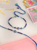 Thumbnail for NVR Set of 2 Blue Evil Eye Artificial Beads Bhaiya Bhabhi Rakhi with Roli Chawal Chandan & Mishri