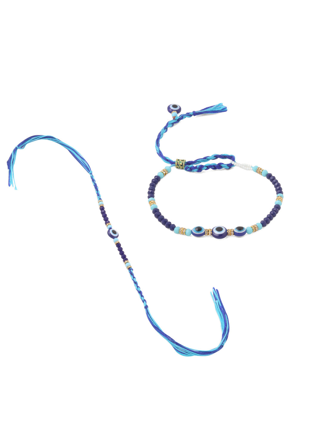 NVR Set of 2 Blue Evil Eye Artificial Beads Bhaiya Bhabhi Rakhi with Roli Chawal Chandan & Mishri - Distacart