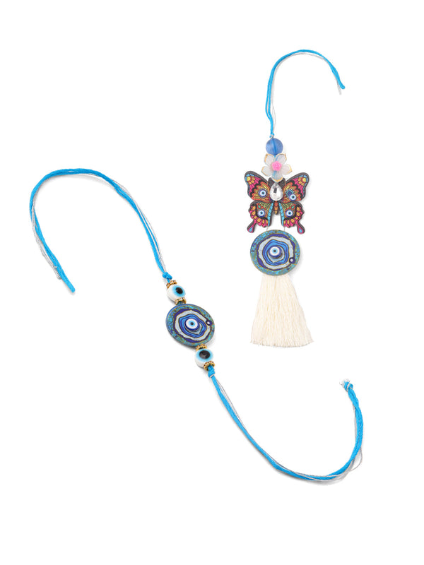 NVR Blue Evil Eye Artificial Beads Set of 2 Bhaiya Bhabhi Rakhi Combo