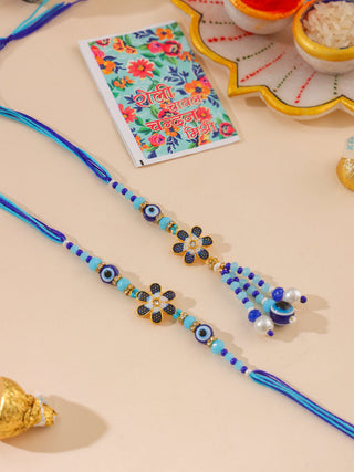 NVR Set of 2 Blue Artificial Beads Evil Eye Bhaiya Bhabhi Rakhi with Roli Chawal Chandan & Mishri