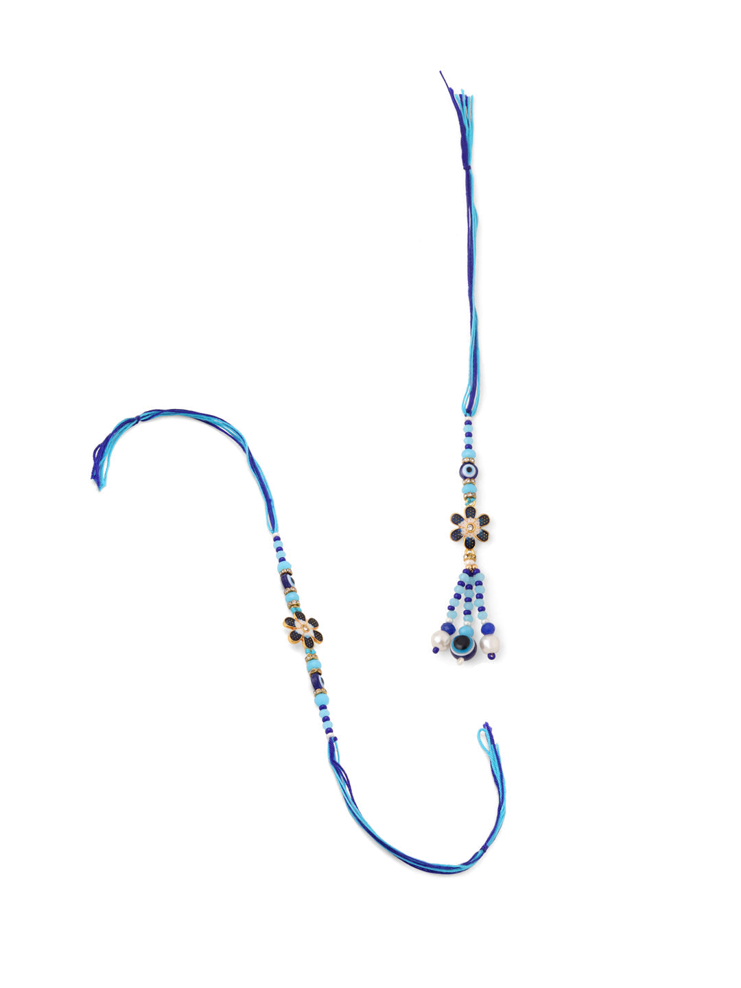 NVR Set of 2 Blue Artificial Beads Evil Eye Bhaiya Bhabhi Rakhi with Roli Chawal Chandan & Mishri - Distacart