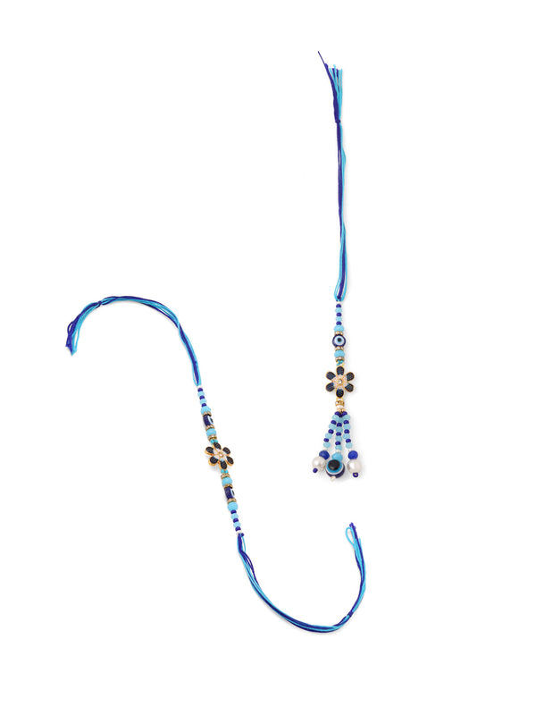 NVR Set of 2 Blue Artificial Beads Evil Eye Bhaiya Bhabhi Rakhi with Roli Chawal Chandan & Mishri