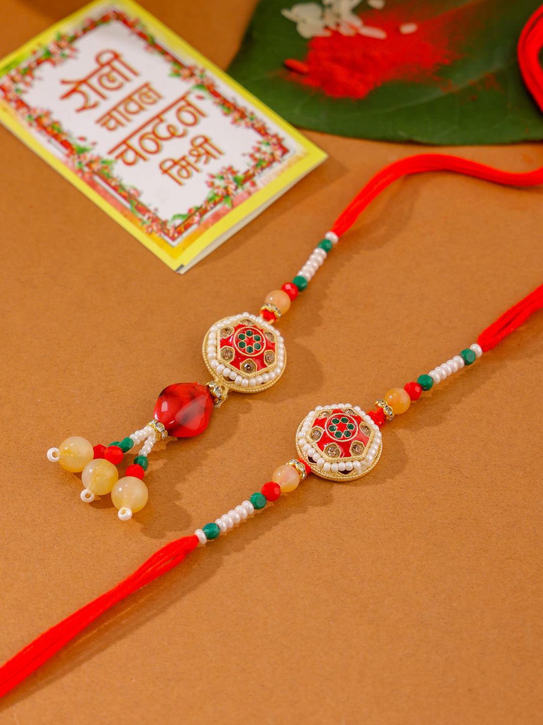 NVR Set of 2 Red Artificial Stones and Beads Bhaiya Bhabhi Rakhi with Roli Chawal Chandan & Mishri - Distacart