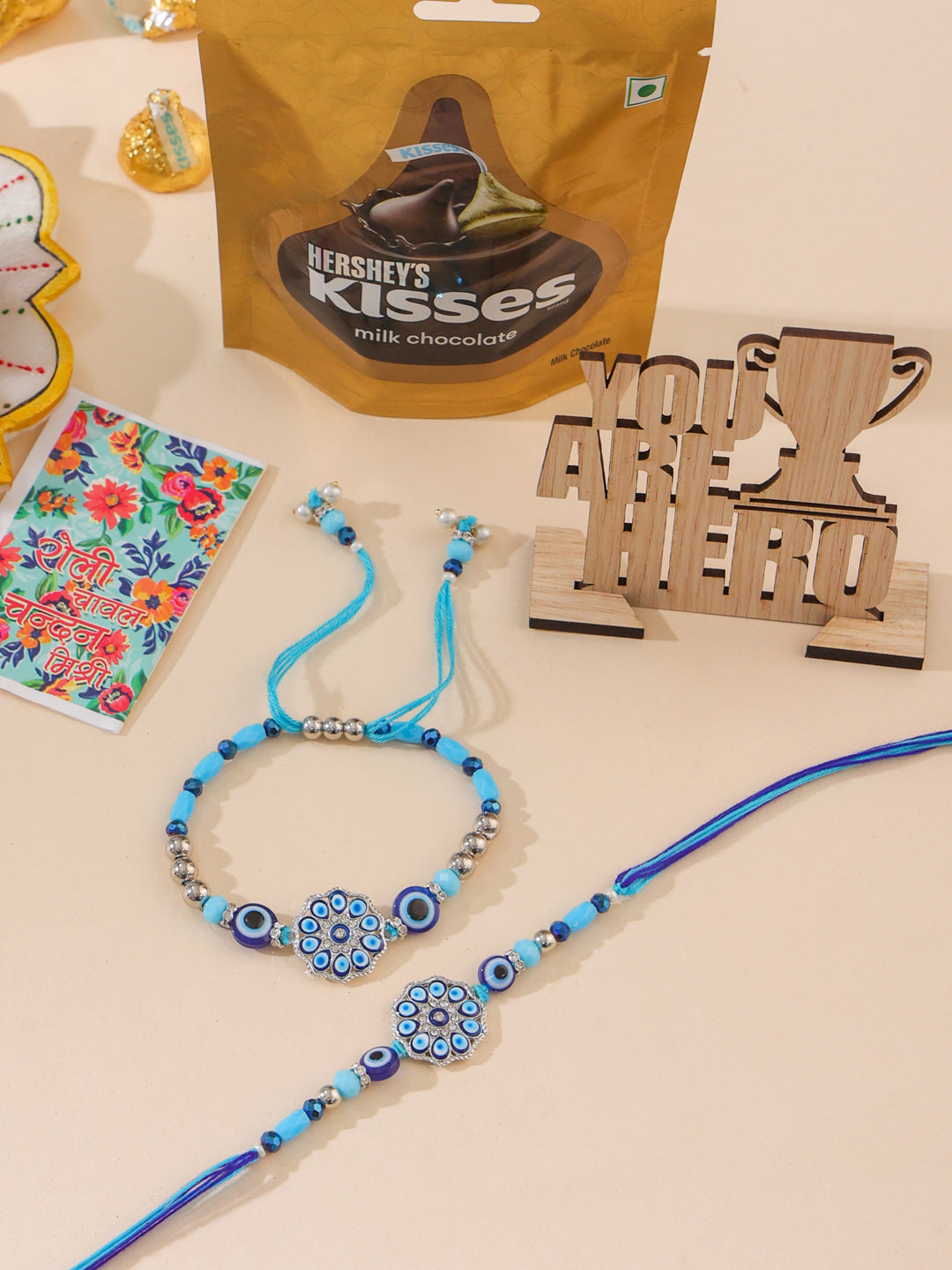 NVR Set of 2 Blue Evil Eye Floral Design Bhaiya Bhabhi Rakhi Combo - Distacart