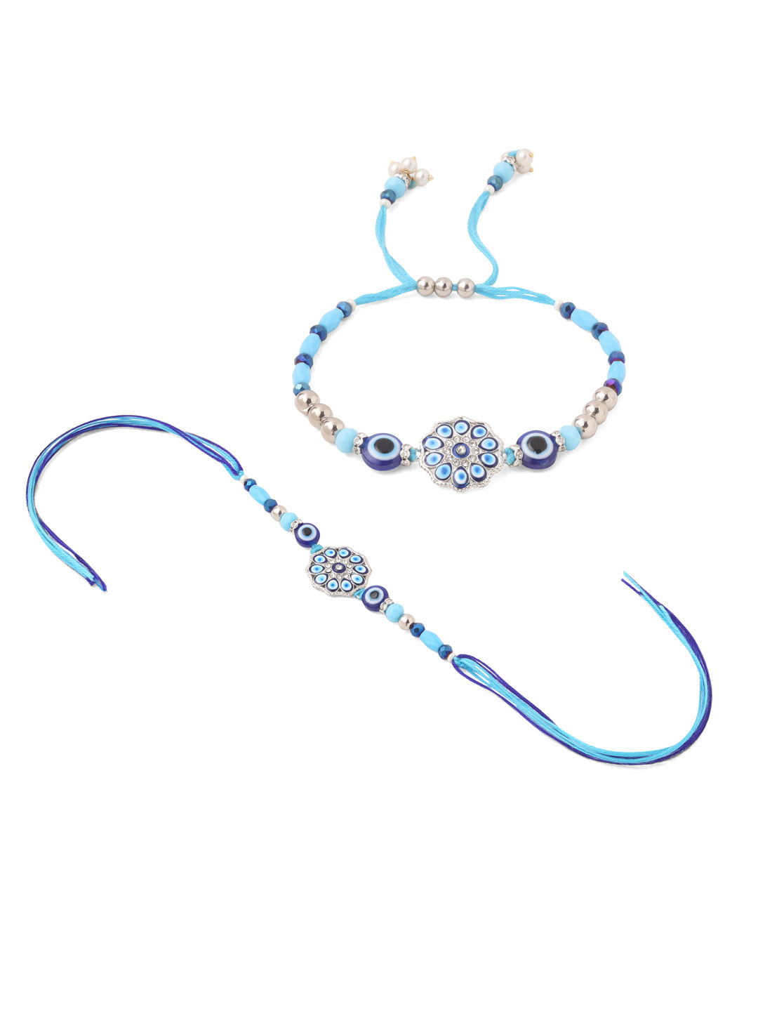 NVR Set of 2 Blue Evil Eye Floral Design Bhaiya Bhabhi Rakhi Combo