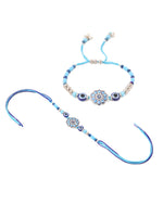 Thumbnail for NVR Set of 2 Blue Evil Eye Floral Design Bhaiya Bhabhi Rakhi with Roli Chawal Chandan & Mishri