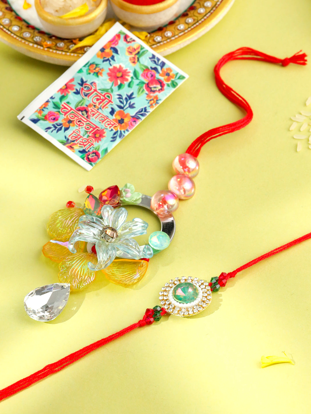 NVR Multicolor Artificial Stones & Beads Set of 2 Bhaiya Bhabhi Rakhi with Roli Chawal Chandan & Mishri - Distacart