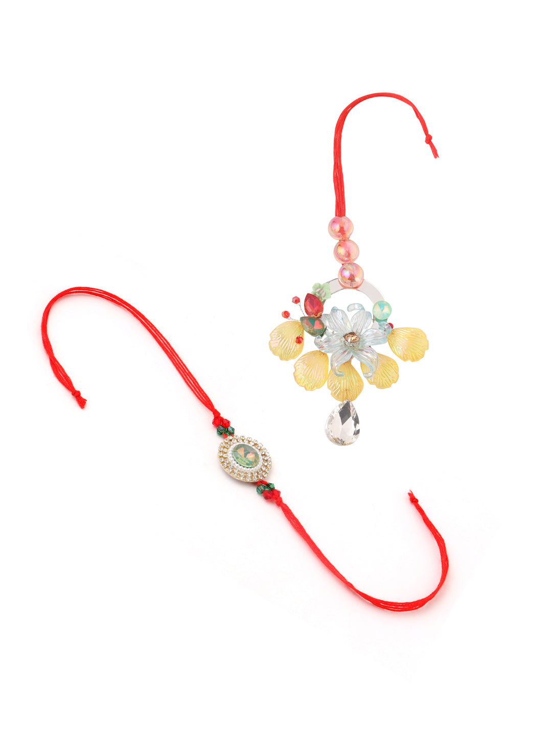 NVR Multicolor Artificial Stones & Beads Set of 2 Bhaiya Bhabhi Rakhi with Roli Chawal Chandan & Mishri - Distacart