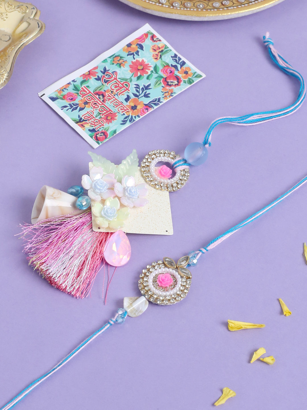 NVR Set of 2 Multicolor Artificial Stones & Beads Floral Design Bhaiya Bhabhi Rakhi with Roli Chawal Chandan & Mishri - Distacart