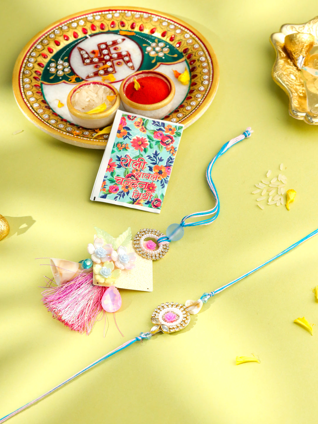 NVR Set of 2 Multicolor Artificial Stones & Beads Floral Design Bhaiya Bhabhi Rakhi with Roli Chawal Chandan & Mishri - Distacart