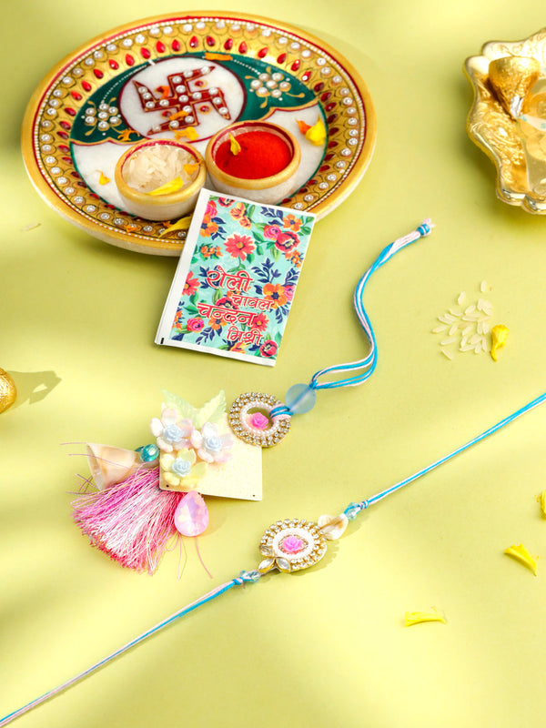 NVR Set of 2 Multicolor Artificial Stones & Beads Floral Design Bhaiya Bhabhi Rakhi with Roli Chawal Chandan & Mishri