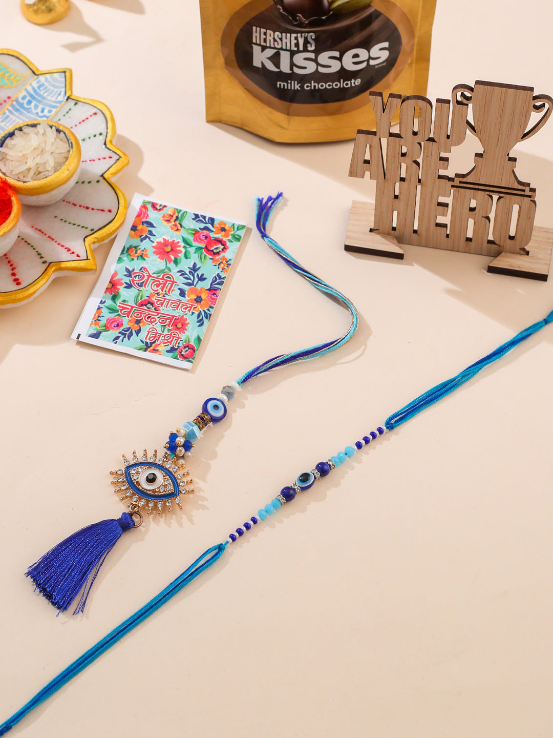 NVR Set of 2 Blue Evil Eye Artificial Stones & Beads Bhaiya Bhabhi Rakhi Combo - Distacart