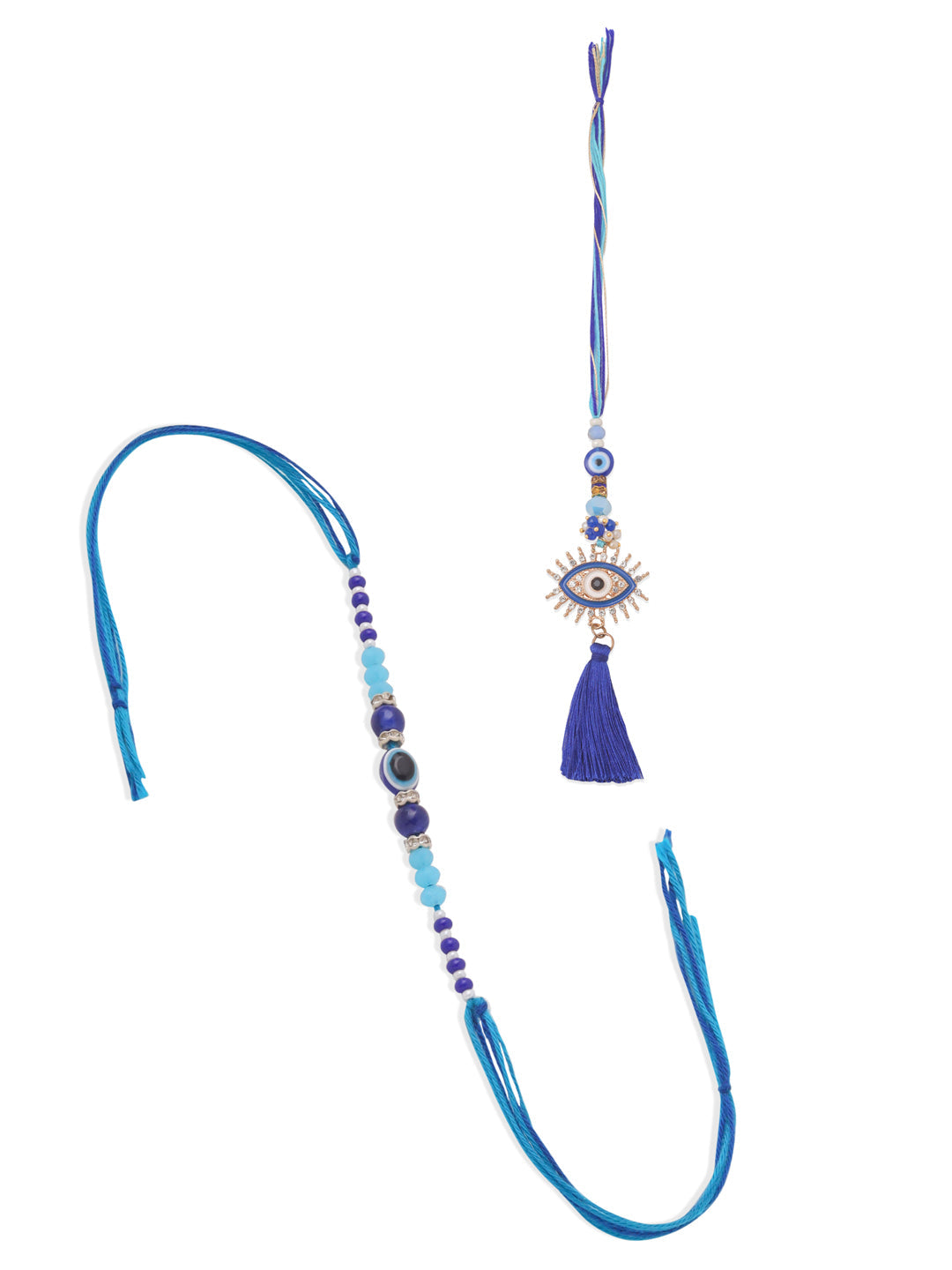 NVR Set of 2 Blue Evil Eye Artificial Stones & Beads Bhaiya Bhabhi Rakhi with Roli Chawal Chandan & Mishri - Distacart