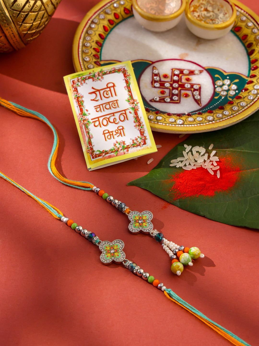 NVR Set of 2 Multicolor Artificial Stones & Beads Floral Bhaiya Bhabhi Rakhi with Roli Chawal Chandan & Mishri - Distacart