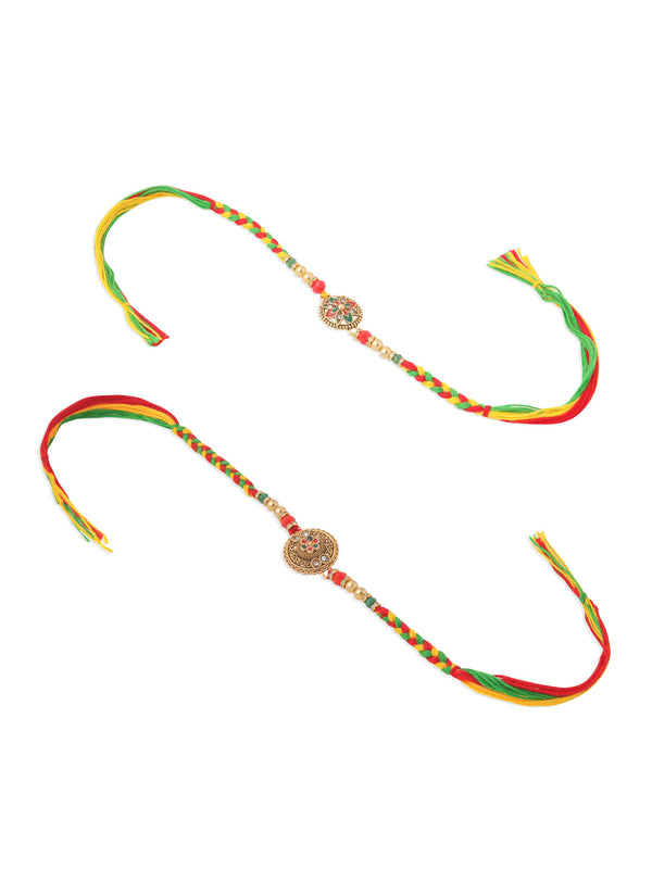 NVR Men Set of 2 Multicolor Floral Design Artificial Stones Thread Rakhi with Roli Chawal Chandan & Mishri - Distacart
