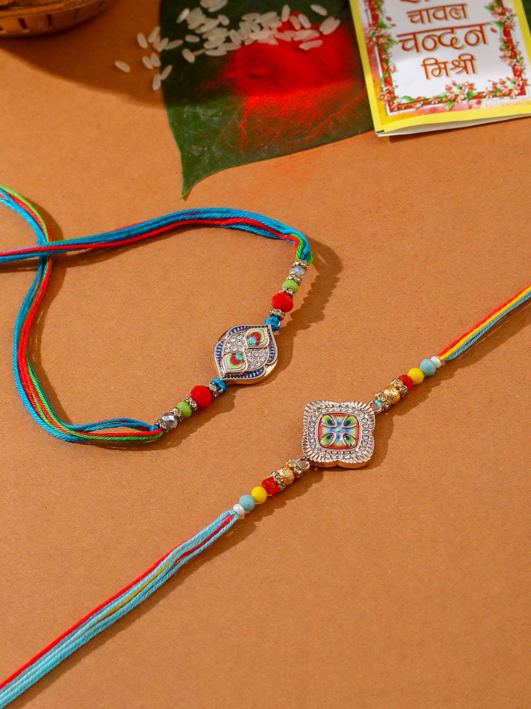 NVR Men Set of 2 Multicolor Artificial Stones Thread Rakhi with Roli Chawal Chandan & Mishri - Distacart