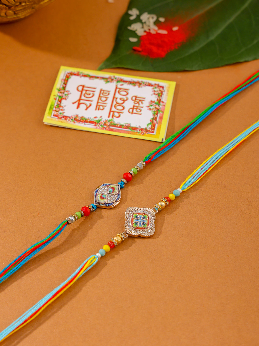 NVR Men Set of 2 Multicolor Artificial Stones Thread Rakhi with Roli Chawal Chandan & Mishri - Distacart