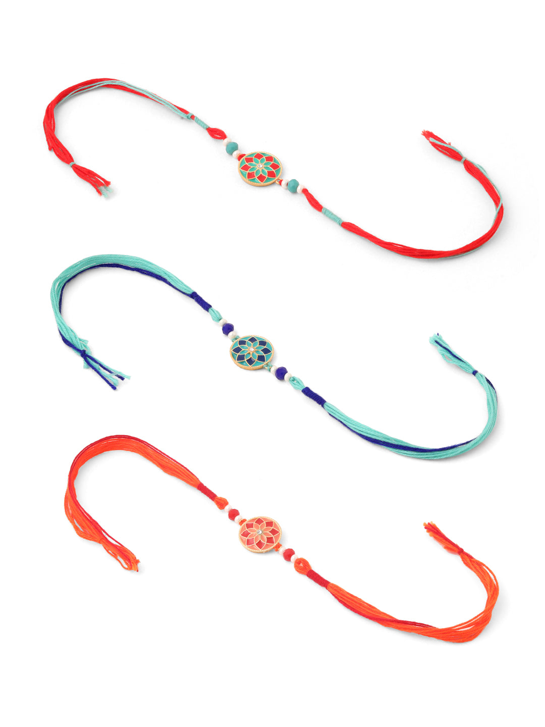 NVR Men Set of 3 Floral Design Multicolor Artificial Beads Thread Rakhi with Roli Chawal Chandan & Mishri - Distacart