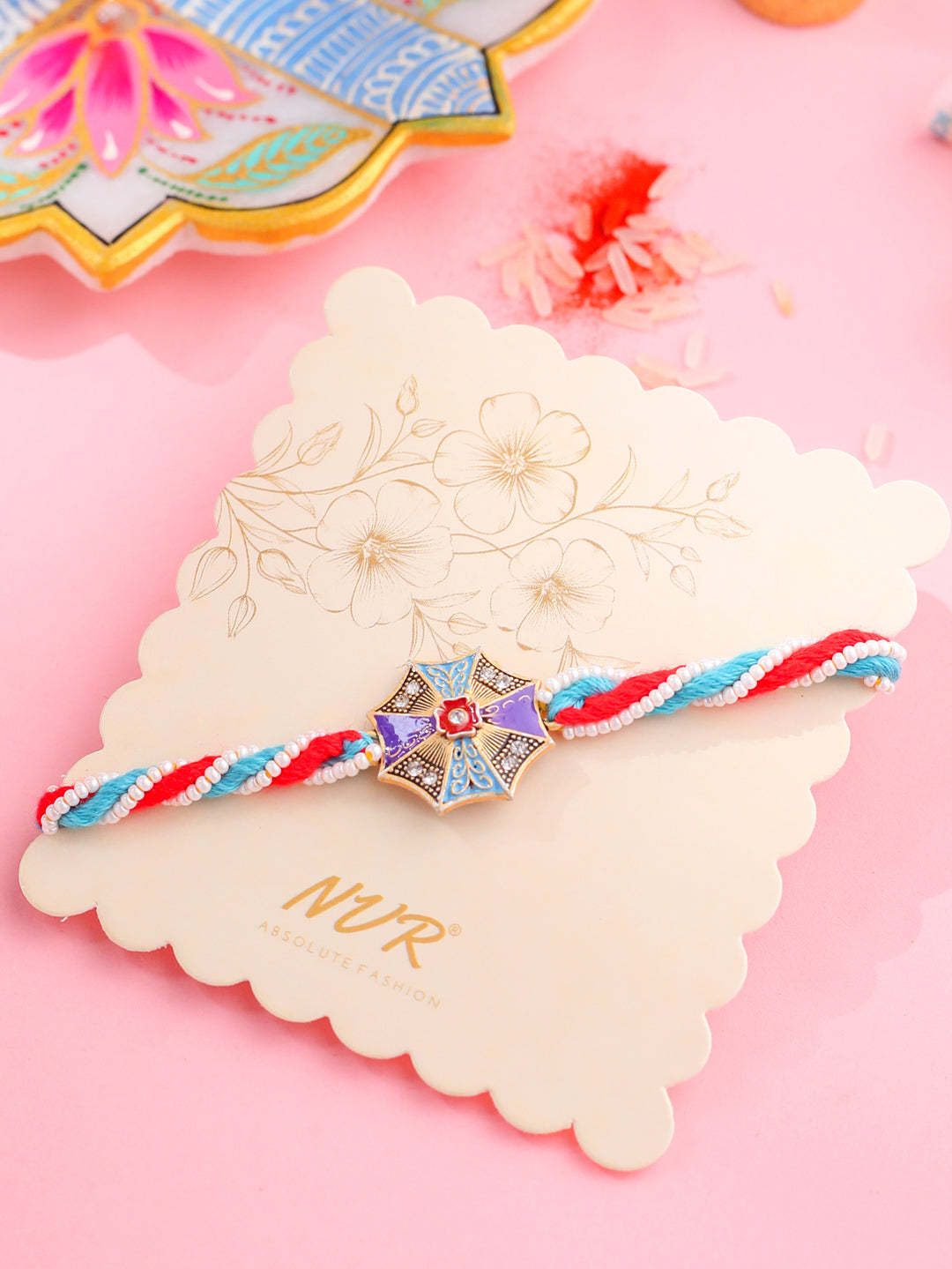 NVR Men Floral Design Multicolor Artificial Stones & Pearls Thread Rakhi with Roli Chawal Chandan & Mishri - Distacart