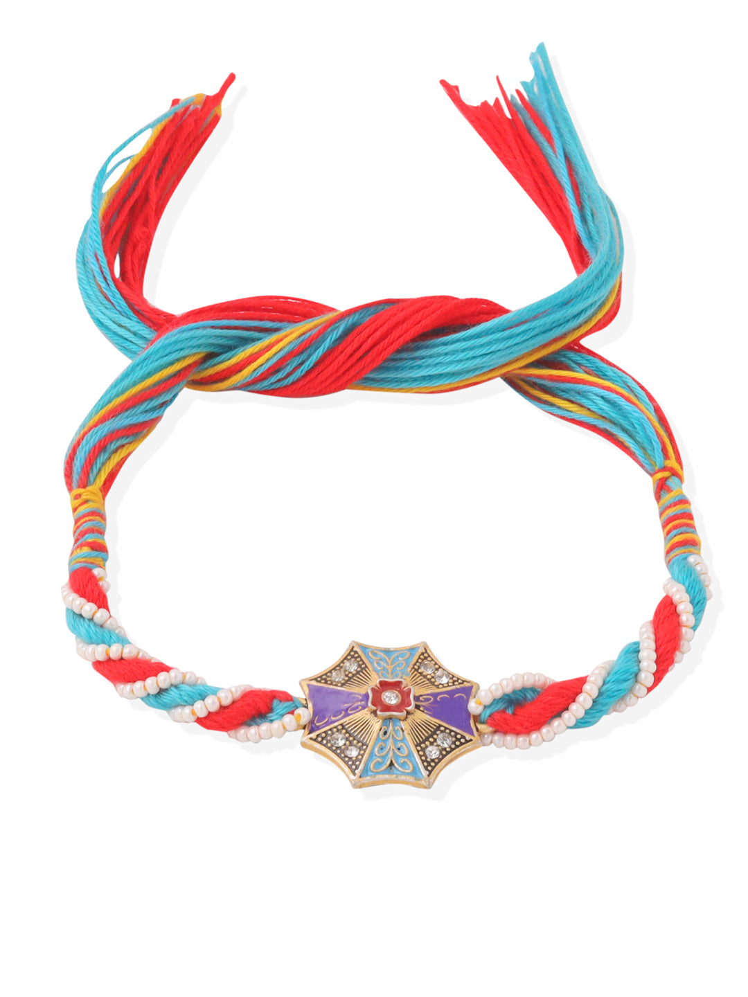 NVR Men Floral Design Multicolor Artificial Stones & Pearls Thread Rakhi with Roli Chawal Chandan & Mishri - Distacart