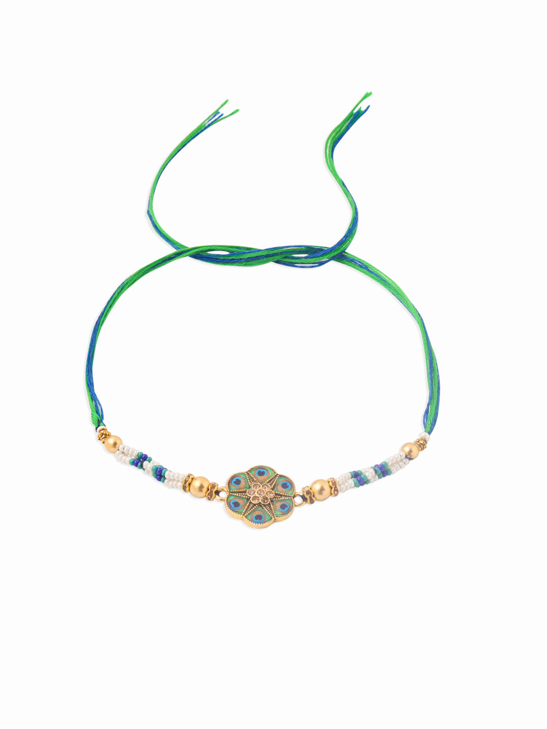 NVR Men Peacock Design Multicolor Artificial Stones & Pearls Thread Rakhi with Roli Chawal Chandan & Mishri